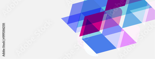 Abstract geometric shapes overlap, creating layered visual effect. Blue, purple, pink hues dominate light background. Modern design.