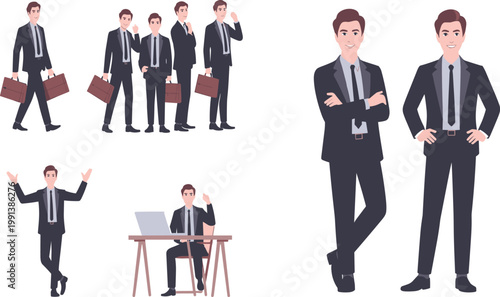 Professional businessperson in formal suit with briefcase, laptop, and confident poses representing corporate office work, leadership, teamwork, and career success illustration