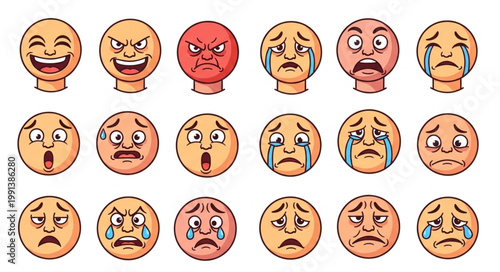Collection of cartoon faces expressing various emotions and feelings.