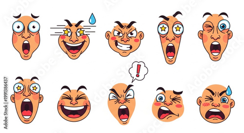 Collection of Cartoon Faces Expressing Various Emotions and Feelings.