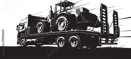 Black, industrial tractor trailer transport, heavy equipment hauler, silhouette illustration