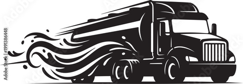 Black semi-truck, tanker truck, speeding vehicle, motion graphics, vector illustration