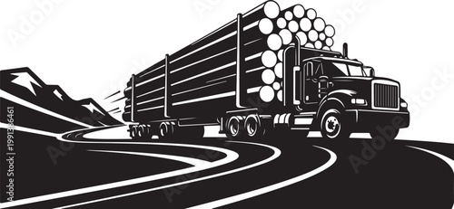 Log truck, timber transportation, forestry, heavy industry, vector illustration