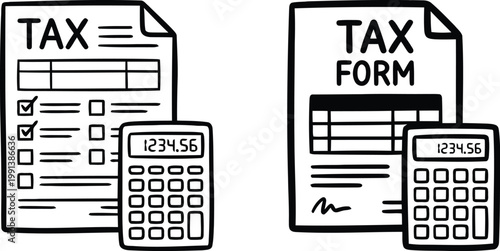 Hand-drawn vector illustration of a tax return form document and electronic calculator in outline and solid doodle styles for corporate financial accounting reporting concepts.