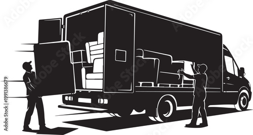 Moving truck, furniture delivery, men loading, black silhouette, vector illustration
