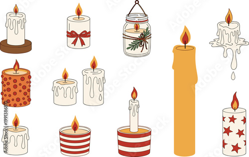 Decorative Christmas Candle Collection Vector Illustration with Various Styles, Patterns, Jar, and Holders for Holiday and Cozy Designs