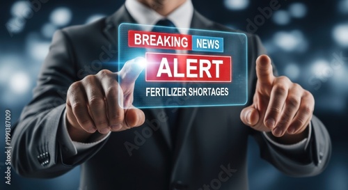 Businessman touching digital holographic screen for breaking news alert about fertilizer shortages, for global agricultural crisis economic instability in food supply