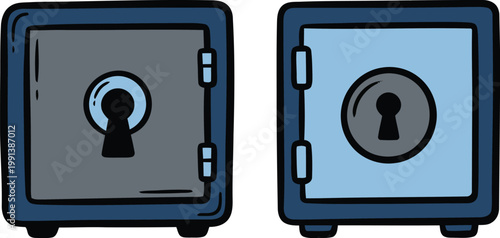 Collection of hand drawn vector safe boxes for bank security and financial wealth protection concepts in a simple doodle style for business and professional storage.