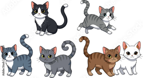 Cute Cartoon Cats in Various Poses and Colors, Adorable Kitten Illustrations for Animal Lovers