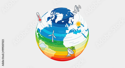 Illustration of a colorful earth globe featuring renewable energy icons and global communication symbols.