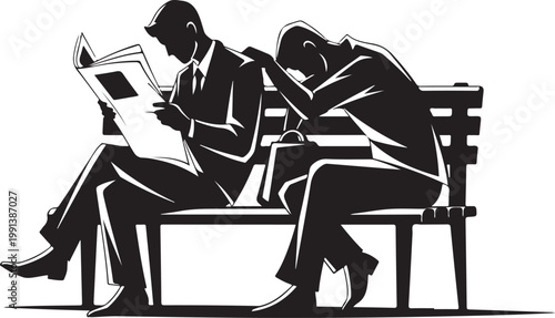 Black and white vector illustration of two men sitting on a bench, one reading a newspaper and the other looking stressed or depressed