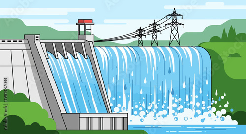 Hydroelectric power plant dam generating electricity with water spillway.