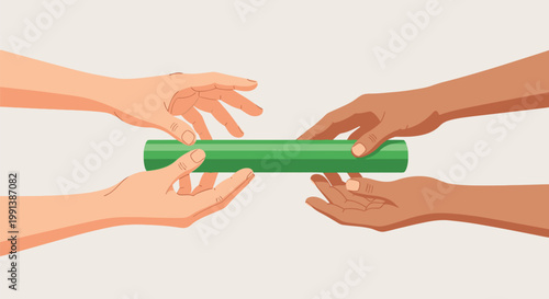 Two people passing a green baton to each other in a relay race concept.