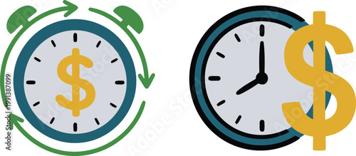 Time is money concept illustration showing clocks with dollar signs and recurring payment arrows to represent productivity, billing hours, and financial management efficiency.