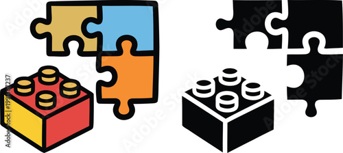 Graphic illustration of interlocking puzzle pieces and a plastic building block brick symbolising business strategy integration and creative problem solving solutions.