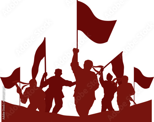 Protest Crowd Silhouette with Flags – Revolution, Freedom & Social Movement Illustration