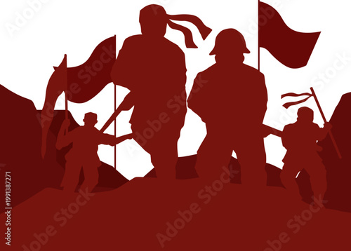 Protest Crowd Silhouette with Flags – Revolution, Freedom & Social Movement Illustration