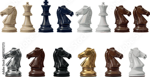 Chess pieces collection featuring knight and king figures in various materials and colors, classic board game vector illustration set