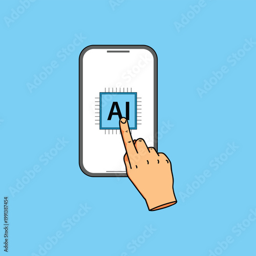 Person Touching AI Chip On Smartphone Screen Illustration For Mobile Technology Interface