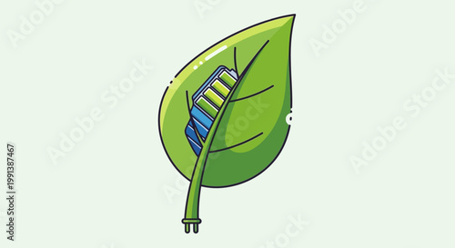 Illustration of a green leaf containing an electric battery with a power plug.