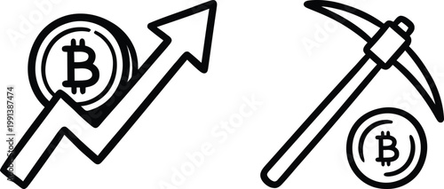 Hand-drawn vector illustration showing Bitcoin cryptocurrency growth with a rising arrow and a pickaxe symbol for crypto mining operations on a clean white background.