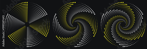 Abstract halftone spiral vector set, golden and silver dotted circular patterns on black, geometric swirl radial design elements for luxury branding