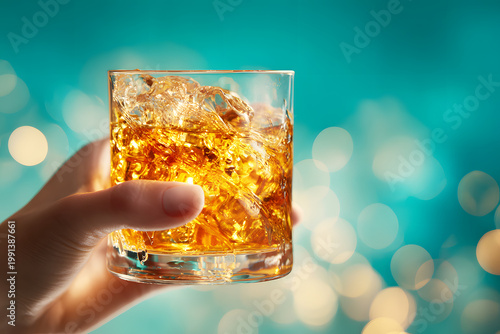 Woman hand holding glass of yellow amber whiskey with ice on pastel blue background. Realistic drink alcohol template pattern. Design liquor or promote advertisements. Celebrate various festivals.
