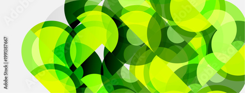 Abstract composition featuring overlapping green circles. Variations in shade create depth, texture, modern aesthetic. Simple, clean design.
