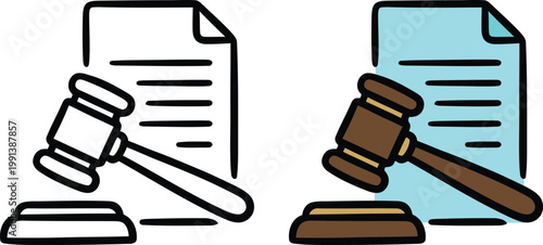 Justice and legal system illustration featuring a wooden gavel and mallet next to a court document representing law enforcement and professional attorney service.