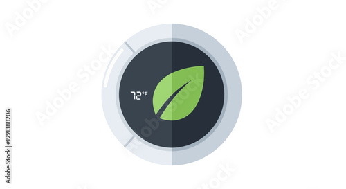 Modern smart home thermostat with green leaf icon.