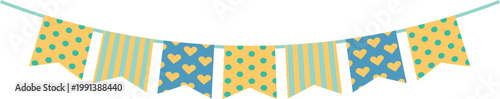 Mixed pattern swallowtail party bunting banner with hearts and stripes isolated on transparent background