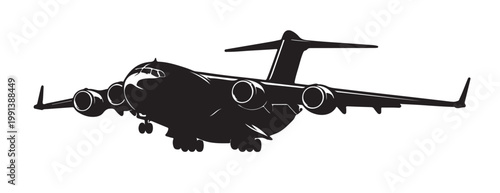 Military Transport Aircraft Silhouette Vector, Cargo Airplane Flying View, Black and White Aviation Illustration