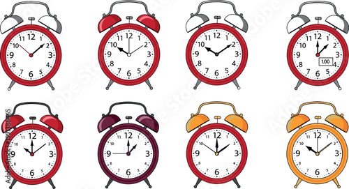 Collection of classic red and colorful alarm clocks with twin bells, retro analog timepieces set isolated on white background vector