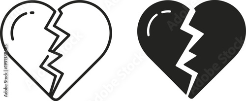 Broken heart icons symbol set, minimal flat vector design for web and mobile apps, featuring split heart shapes for love, breakup, and emotional status graphics.