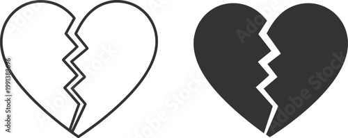 Broken heart icons symbol, simple flat design for web or mobile app, vector illustration representing heartbreak, sadness, separation, and emotional expression for digital interfaces.