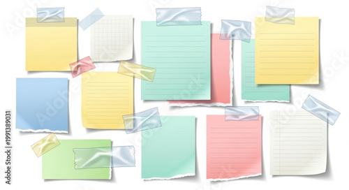 Collection of colorful sticky notes attached with tape on a white background.