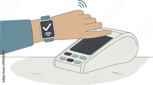 A hand with a smartwatch makes a contactless payment using a terminal.