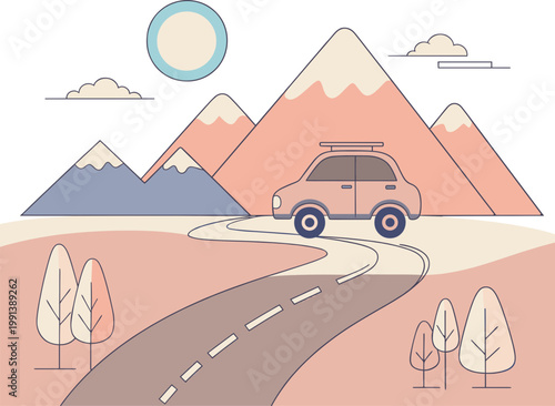 A car drives on a winding road through a scenic landscape with mountains trees and sun