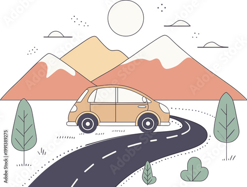 A car drives on a winding road through a scenic mountain landscape with trees.