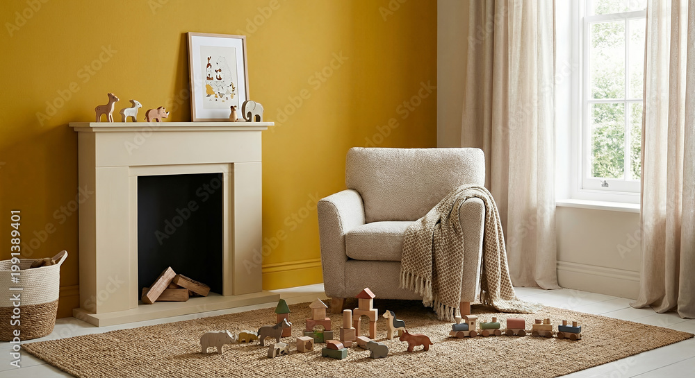 Naklejka premium A cozy nursery room with a fireplace, a comfortable armchair draped with a blanket, and a collection of wooden animal toys 