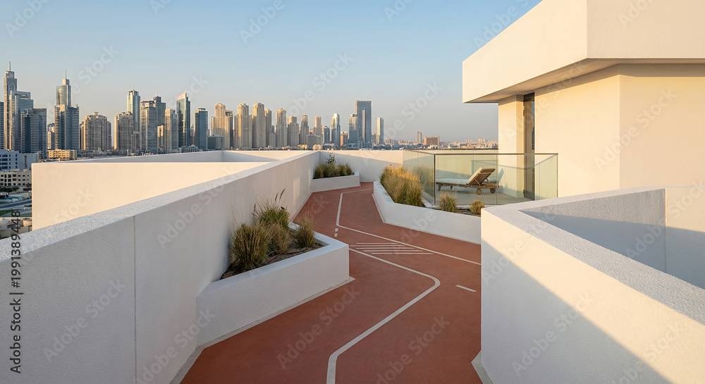 Naklejka premium A rooftop running track with a view of the Dubai skyline.