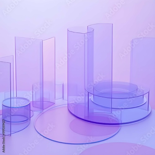 3D Layered Clear Glass Discs Background featuring Neumorphic Glass Circle Design on Minimalist Pastel Purple-Blue Gradient.