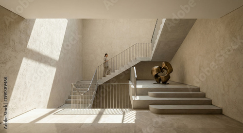 A woman in a light-colored outfit walks up a modern staircase in a building with textured walls and a large abstract sculpture on the landing.