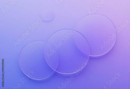 3D Layered Clear Glass Discs Background featuring Neumorphic Glass Circle Design on Minimalist Pastel Purple-Blue Gradient.
