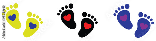 Baby footprint and heart icon set, minimal vector collection featuring newborn feet, love symbols, and caring family concepts, modern design suitable for parenting apps, healthcare, and baby product