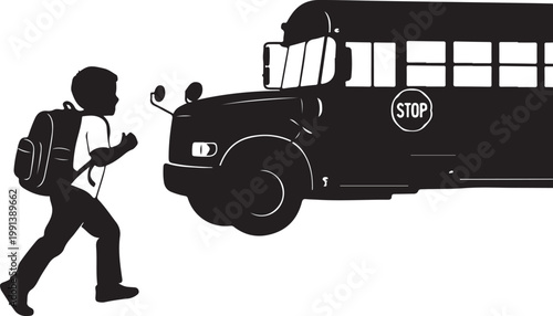 School bus, stop sign, child walking, silhouette vector, black and white, educational transport