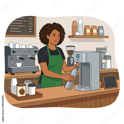 A barista prepares coffee at a busy cafe counter with machines.