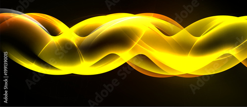 Bright yellow waves flow across black background. Smooth curves create dynamic, energetic visual effect. Light reflects, adding depth.