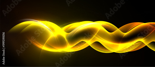 Bright yellow waves flow across black background. Dynamic curves create energy, light radiates from center. Smooth gradients define form.