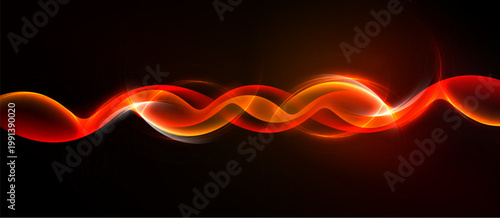 Vibrant red waves flow across dark background. Smooth curves create dynamic light effect, suggesting energy, motion.